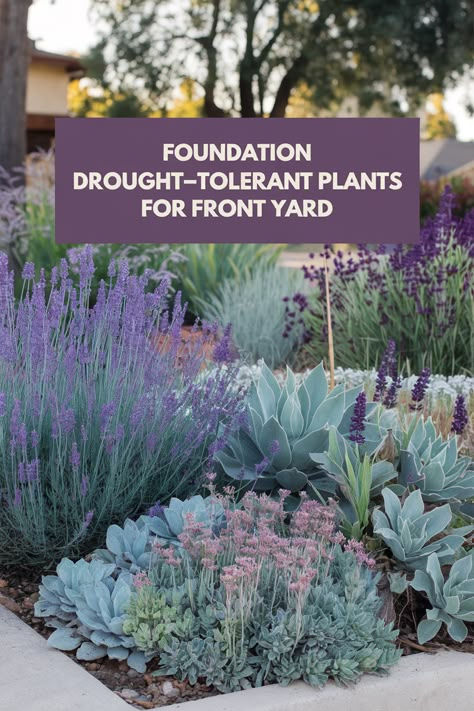 25 Best Foundation Plants for Your Front Yard Front Yard Layered Landscaping, Garden Next To Patio, Hellstrip Landscaping Drought Tolerant, Easy Backyard Plants, Colorful Drought Tolerant Landscape, Russian Sage Garden Landscape Design, Lavender Xeriscape, Drought Friendly Plants, Water Saving Front Yard Landscaping