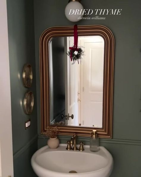 We gat time for Dried Thyme by #SherwinWilliamsBahamas. 🤷 🎨: Dried Thyme SW 6186 🎥 🏠: @ashleylynhome 👏👏 #PowderRoom #Satin #FindColorInEveryDay | By Sherwin-Williams BahamasFacebook | Facebook Sherwin Dried Thyme, Sw Dried Thyme Bathroom, Dried Thyme Sherwin Williams Cabinets, Dried Thyme Paint, Dried Thyme Sherwin Williams, Sw Dried Thyme, Sherwin Williams Dried Thyme, Small Half Bath, Master Addition