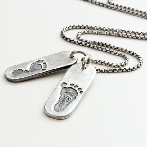 Men's personalised Footprint Necklace with Two by greenriverstudio Footprint Necklace, Cleaning Your House, Puzzle Jewelry, Engraved Engagement Ring, Foot Print, Fingerprint Jewelry, Infinity Jewelry, Monogram Ring, Family Jewellery