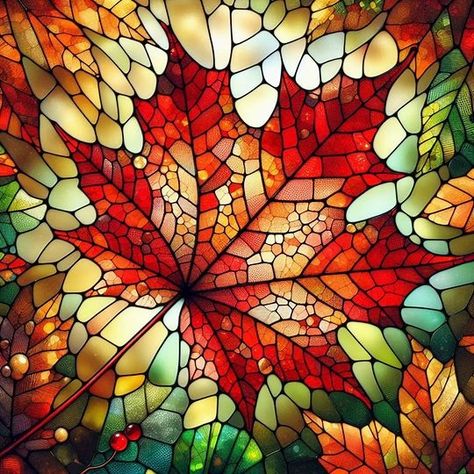 stained galss pattern of A close-up of a red maple leaf with veins and spots, detaching from a branch with other green and yellow leaves, against a blurred background of a forest in autumn - Image Creator from Microsoft Designer Maple Leaf Stained Glass Pattern, Fall Leaf Mosaic, Neurografic Art, Japan Nails, Stitch Pics, Red Maple Leaf, Tape Ideas, Glass Window Art, Drawing Examples