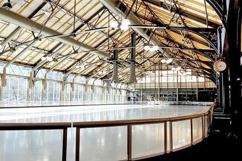 The truss-roofed train shed of an 1899 railway station designed by Charles Sumner Frost now houses an indoor ice rink. Floor-to-ceiling window walls fill the space with light and allow skaters to admire the Minneapolis skyline. The historic Milwaukee Road Depot complex, now known simply as the Depot, also includes hotels, a restaurant, a bar, and an indoor water park. Indoor Ice Skating Rink, Indoor Ice Skating, Minneapolis Skyline, Ice Skating Rink, Milwaukee Road, Indoor Waterpark, Skating Rink, Ice Rink, Zooey Deschanel