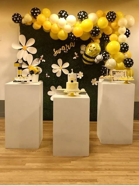 Bumble bee first birthday  | CatchMyParty.com Bee 1st Birthday Party, Bee Birthday Party Ideas, Bee Birthday Decorations, Bumble Bee First Birthday, Bumble Bee Birthday Party, Bee 1st Birthday, Bee First Birthday, Bee Birthday Theme, Bee Themed Birthday