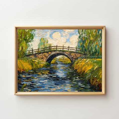 Bridge Over The Stream | Colorful Journeys 1-143 | Digital Paper Crafting, Digital Planner, Apparel, Oil Painting, Impressionism, Home Decor . . . #bridge #vangogh #vincentvangogh #art #artgallery #etsy #etsyshop #etsyseller #oilpainting #vintage #colorfuljourneysart #vintagestyle #river #bridgetriley #countryside #nature #green Journeys Art, Bridge Over Stream, Bridge Oil Painting, Monet Bridge, Old Bridge Painting, Painting Impressionism, Bridge Over A Pond Of Water Lilies Monet, Monet Japanese Bridge, Nature Green