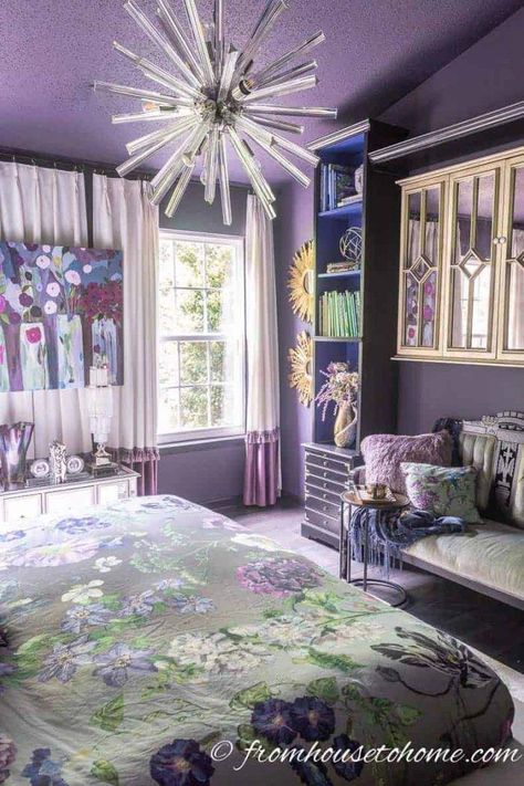 These purple bedroom ideas are beautiful! I love the dark purple bedroom walls and the black, white and gold color scheme. It's so elegant and modern. Definitely a room for adults! #fromhousetohome #bedroomideas #bedroomdesign #bedroomdecor #color #masterbedroommakeover Dark Purple Bedroom Walls, Bedroom Dark Purple, Dark Purple Bedrooms, Black Bedroom Walls, Bookcase In Bedroom, Dark Purple Bedroom, Purple Bedroom Walls, Decorating Ideas For The Home Bedroom, Pantone Purple