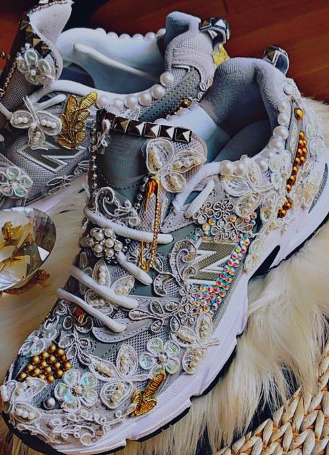 Bejeweled Sneakers, Sneaker Ball Outfit Ideas, Yarn Shoes, Weird Shoes, Bridal Sneakers, Bridal Shoe, Wedding Sneakers, Custom Kicks, Embellished Shoes