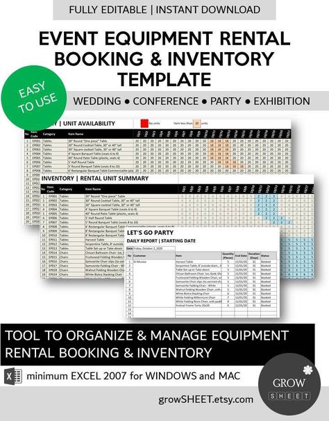 Wedding - Party - Ceremony Event Rental Business Booking and Inventory Management Template is an Excel spreadsheet to record, track and manage your equipment rental business. Wedding is the most common event where almost all equipment in the event are rented from rental companies. Common rental equipment are : - Cooking tool or catering set - Tents, tables and chairs - Landscaping - Decoration, sound system and lighting - Costumes - Furniture Birthday parties or ceremony events also require some Event Rentals Showroom, Inventory Management Templates, Event Venue Business, Event Rental Business, Party Rentals Business, Event Space Rental, Inventory Template, Rental Business, Furniture Rental