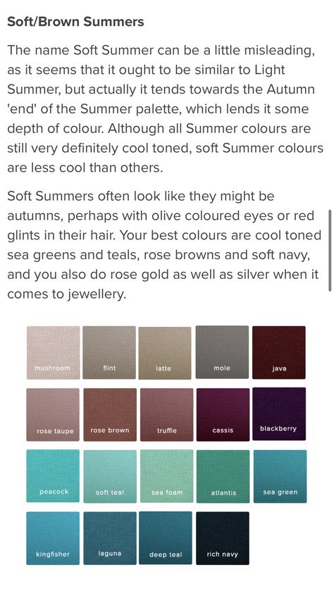 Soft Summer Dark Hair, Soft Summer Dark, Dark Summer Color Palette, Seasonal Analysis, Muted Summer, Summer Skin Tone, Autumn Color Palette Fashion, Summer Color Palettes, Deep Autumn Color Palette