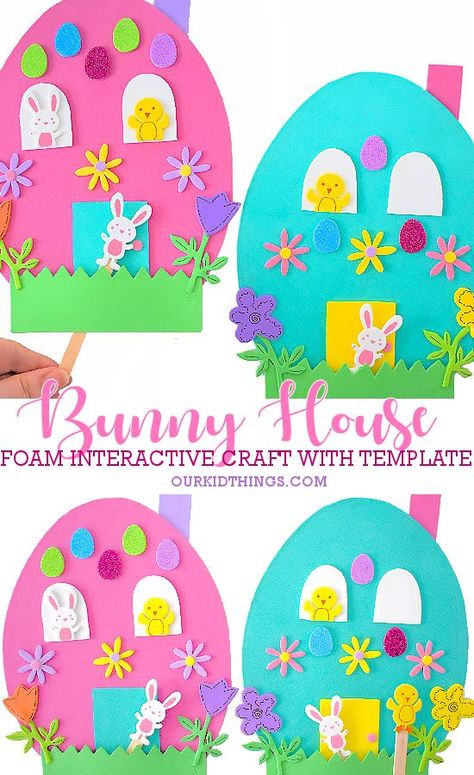 Interactive Foam Egg Bunny House Craft with Template #ad #ConsumerCrafts #ConsumerCraftsArt #Easter #spring #kidscraft #kidcrafts Easter Art Project, Easter Basket Crafts, Easter Crafts Preschool, Craft Ideas Paper, Easter Crafts For Toddlers, Easter Arts And Crafts, Hanging Craft Ideas, Fun Easter Crafts, House Craft