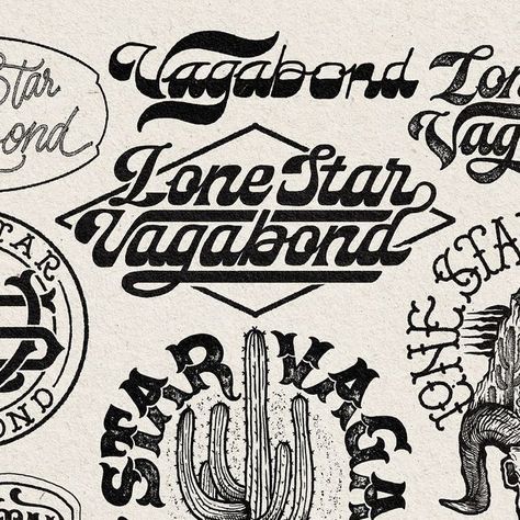 Wak Jay Creative Studio on Instagram: "Lone Star Vagabond, Black Version Design Concept 🌵  . #wakjaystudio  Available for commissions  DM or Email me In bio for a project. Thank you 🤙🏻 . #appareldesign #logotype #hancrafted #clothing#texas #southern #adventuretravel #branded #branding #arizona #designlogo#cactuscreek #brand #arizona🌵 #vintagelogo #ranch #logobranding#rodeo #brandingdesign #creek #letteringdesign#vintageapparel #vintagecustom #cowgirl #company #cowboy #brandidentity" Ranch Branding Design, Western Branding, Vintage Branding Design, Western Logo, Rustic Logo, Western Font, Cowboy Aesthetic, Modern Western, Traditional Tattoo Sleeve