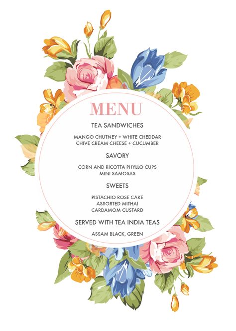 Love Laugh Mirch's Tea Menu Indian Tea Party, Tea Menu Ideas, Tea Party Menu Ideas, Afternoon Tea Menu Ideas, Party Menu Ideas, High Tea Menu, Afternoon Tea Stand, Afternoon Tea At Home, Tea Party Menu