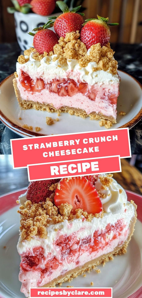 This Strawberry Crunch Cheesecake Delight is a creamy and fruity dessert layered with strawberry mousse and topped with a crunchy strawberry crumble. 🍓🍰

Ingredients:

2 cups cream cheese, softened
½ cup vanilla wafer crumbs
Fresh strawberries for garnish
Chill for a few hours, then serve for a delicious treat! Strawberry Crunch Ice Cream Cake Recipe, 6 Inch Strawberry Cheesecake, Strawberry Shortcake Crunch Cheesecake, Strawberry Cheesecake Layer Cake, Strawberry Crunch Pudding Recipe, Strawberry Crunch Churro Cheesecake, Strawberry New York Cheesecake, Strawberry Cheesecake Sweet Rolls, Berrylicious Strawberry Crunch Cheesecake