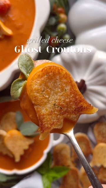 Madison Vegan on Instagram: "🍂 Soup season is officially here! 🥣 And what better way to make it extra cozy and fun than with Grilled Cheese Ghost Croutons? 🧀👻 Instead of the usual sandwich dip, try these crispy, spooky croutons in your favorite soup—perfect for a Halloween twist on classic comfort food! They pair especially well with a rich tomato soup. 

Don’t forget to SAVE this idea for later! Warm, toasty, and ghostly good!

If you want the link to this Ghost Cookie Cutter comment GHOSTS and I’ll send it over 👻 

Ingredients
*1 tbsp butter, room temperature (garlic herb butter for extra flavor) 
*2 slices of bread 
*1 slice of cheese (or your favorite grated cheese) 

Instructions
1. Prepare your grilled cheese sandwich. Roll it out flat to help it stay together.  Use a ghost-shap Halloween Garlic Bread, Sandwich Dip, Slice Of Cheese, Ghost Cookies, Garlic Herb Butter, Spooky Night, Soup Season, Cheese Sandwich, Herb Butter