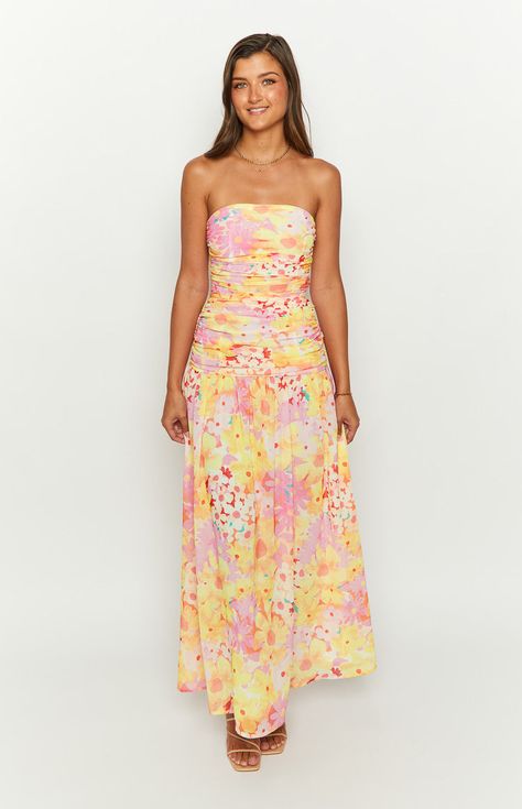 Spring Strapless Long Dress, Fitted, Strapless Floral Print Summer Maxi Dress, Feminine Strapless Floral Maxi Dress, Strapless Pink Floral Print Maxi Dress, Beach Sundress: Strapless Maxi Length, 60's Dress, Prom Midi Dress, Strapless Maxi, Summer Playsuit