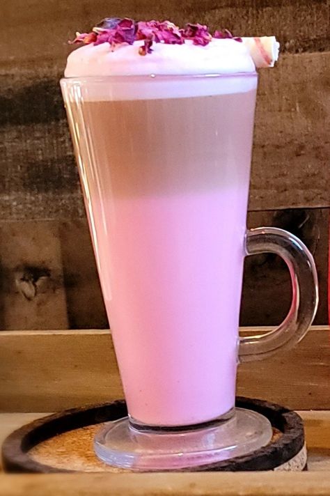 Cappuccino made with Organic Rose Petals Pink Cappuccino, Rose Latte, Coffee Flavors, Pink Coffee, Best Coffee Shop, Latte Recipe, Specialty Coffee, Coffee Latte, Speciality Coffee