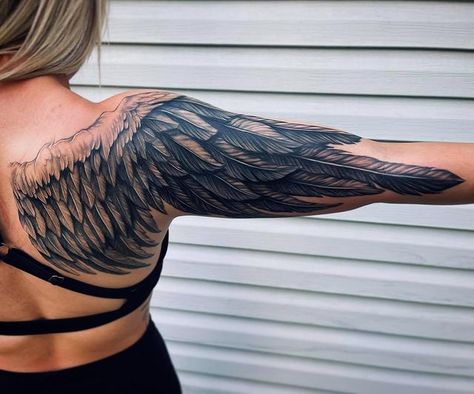 Angel Wing Tattoo Shoulder Women, Angel Wings Tattoo Shoulder, Vampire Ideas, Angel Wing Tattoos, Wings Tattoo Meaning, Angel Wings Tattoo On Back, Angel Wing Tattoo, Wing Tattoos On Back, Wing Tattoos