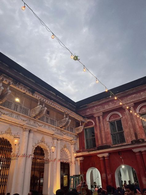 Rajbari during Durga Puja Durga Pujo Kolkata Aesthetic, Durga Puja Aesthetic Insta Story, Durga Puja Snap, Bengali Durga Puja Photography, Pujo Aesthetic, Autumn In India, Fall Manifestation, Durga Puja Aesthetic, Puja Aesthetic