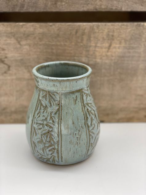 #opulence #opulenceglazed #smokeymountainblue #carved #bluevase #vase #homedecorlivingroom #homedecorideas Wheel Thrown Vases, Opulence Glaze, Earth Pottery, Pottery Carving, Clay Carving, Carved Pottery, Thrown Vase, Orchid Pots, Painted Ceramic Plates