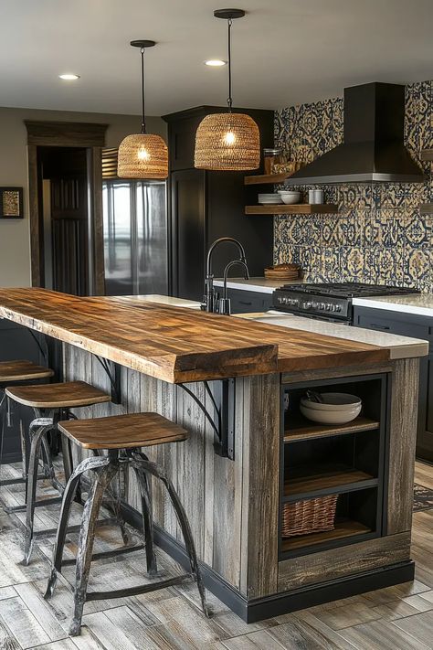 Kitchen Islands That Wow: 40 Ideas for Every Type of Home | VIVA Island With Sink And Dishwasher Modern, Wooden Kitchen Island Ideas, Tiled Island Kitchen, Kitchen Island Tile Ideas, Kitchen Island Stovetop, Kitchen Island Ideas With Stove, Two Tier Kitchen Island, Kitchen Island Raised Bar, Double Kitchen Islands