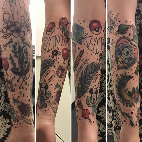 My quirky traditional half sleeve #pokemon #animalcrossing #harvestmoon #spiritedaway #outerspace Gaming Patchwork Tattoos, Nerd Sleeve Tattoo, Nerd Tattoo Sleeve, Rocket Ship Tattoo, Viking Ship Tattoo, Spaceship Tattoo, Rocket Tattoo, Nerdy Tattoos, Nerd Tattoo