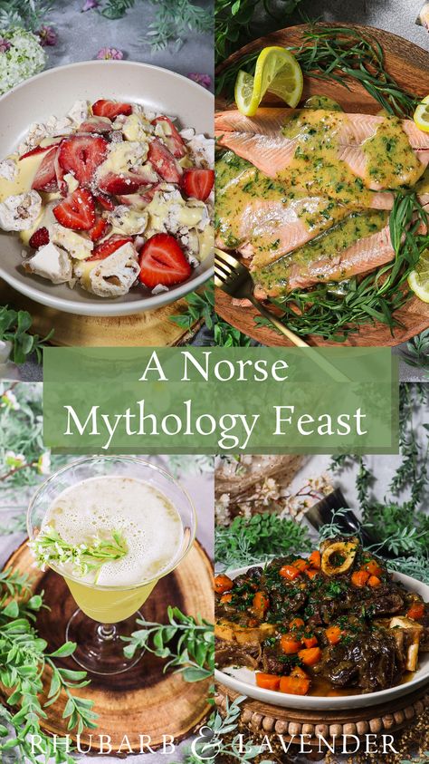 Celebrate Norse Mythology by going on a culinary adventure with these lavish recipes. This recipe series takes inspiration from the gods and goddesses of Vanaheim for each recipe. You can prepare individual recipes to honour your favourite god or goddess, or prepare the entire decadent feast for a Norse Mythology inspired dinner party! Pagan Wedding Food, Hobbit Food Recipes Middle Earth, Authentic Viking Recipes, Mabon Feast Ideas, Dwarven Recipes, Lord Of The Rings Meal Ideas, Traditional Pagan Recipes, Fantasy Dinner Recipes, Nordic Recipes Dinners