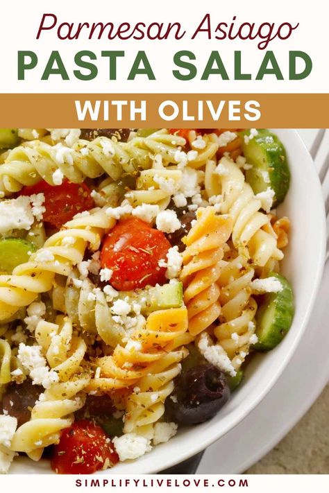 Parmesan Asiago Pasta Salad Recipe with Olives Asiago Pasta Salad, Asiago Pasta, Recipe With Olives, Side Dishes Corn, Parmesan Pasta Salad, Salad With Olives, Delicious Pasta Salad, Corn Side, Cookout Recipes