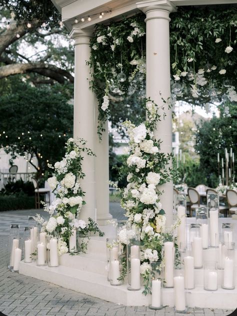 White Flower Wedding Aisle, Wedding Arbour White Flowers, White Rose Wedding Archway, White Floral Pillars Wedding, White Flower Ceremony Arch, White Floral Ceremony Arch, Classic Elegant Wedding, Beautiful Wedding Reception, Elegant Wedding Inspiration