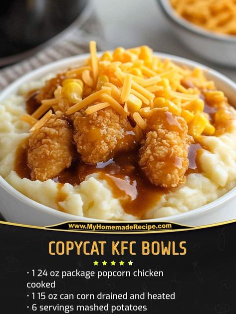 Daily Easy Recipes | Whipped up these Copycat KFC Bowls, and they were a huge success | Facebook Kfc Bowls, Kfc Famous Bowl, Copycat Kfc, Potatoes Crispy, Chicken Mashed Potatoes, Kfc Chicken, Beef Gravy, Popcorn Chicken, Creamy Mashed Potatoes