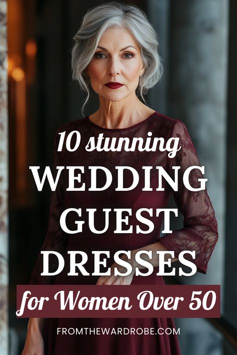 a woman over 50 wears a dark red wedding guest dress with pearl accessories Simple Classy Wedding Guest Dress, Dress For Wedding Reception Guest, Sophisticated Wedding Guest Outfit, Elegant Dresses For Women Over 50 Classy Long, Mid Size Dresses To Wear To A Wedding, Guest Wedding Dresses Summer, Spring Time Wedding Guest Dresses, Terracotta Wedding Guest Outfit, Wedding Guest Dress For Mom