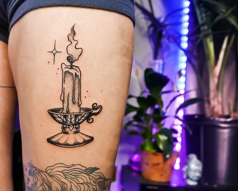 Cute Candle Tattoo, Witch Candle Tattoo, Magic Candle Art, Black Candle Tattoo, Candle Flash Tattoo, You Are Magic Tattoo, Candle Stick Tattoo Design, Witchy Candle Tattoo, Calendula Flower Tattoo