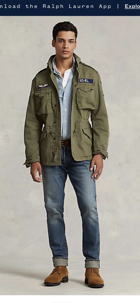 Military Green Jacket Outfit, Military Jacket Outfit Men, Cargo Jacket Outfit, Military Jacket Outfits, Green Jacket Outfit, Army Outfit, Military Jacket Green, Olive Jacket, Parka Style