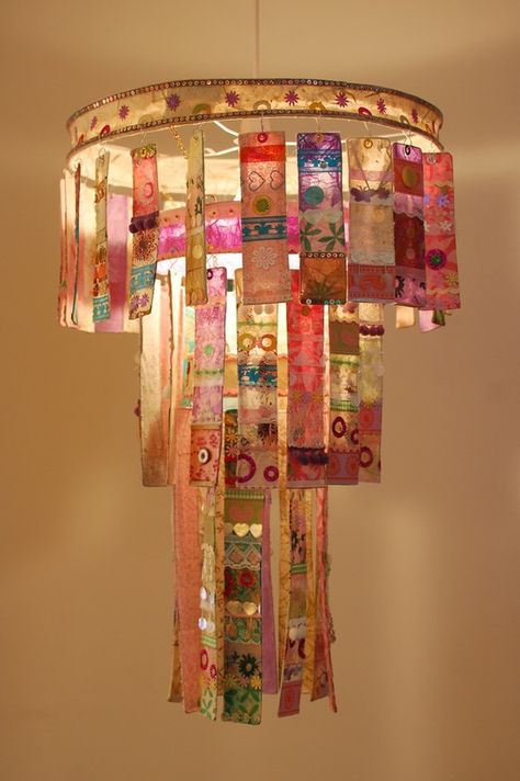 Old lamp guts and shade, wired ribbon, fabric scraps, buttons/mate-less earrings, embroidery hoops for tiers.  Cost: $10 Luminaria Diy, Paper Chandelier, Diy Lampe, Folding Origami, Diy Chandelier, Deco Boheme, Beautiful Lighting, Diy Lamp, Diy Lighting