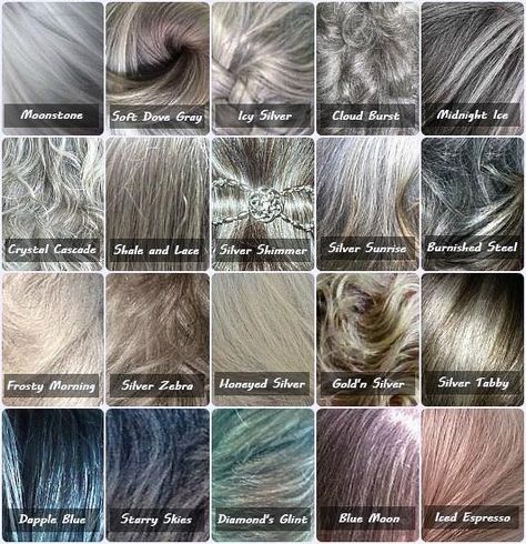 Gray color chart because not all gray hair is the same- options options! @Mary Powers Powers Powers Powers Powers Anne Costa Minerva Grey Hair Colour Chart, Shades Of Gray Hair, Grey Colour Chart, Salt And Pepper Hair, Hair Color Chart, Silver Hair Color, Silver Grey Hair, Grey Hair Color, Shades Of Gray