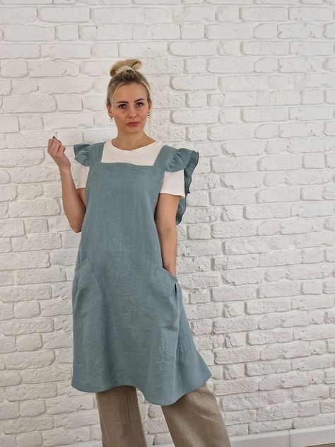 Cute Apron, Linen Pinafore Apron, Ruffle Apron, Japanese Apron, Linen Pinafore, Pinafore Apron, Cute Aprons, Linen Apron, Linen Women