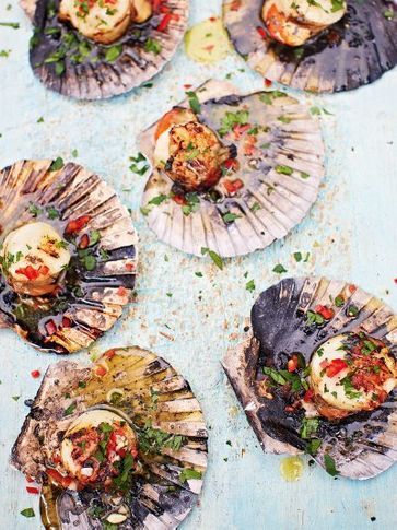 DJ BBQ's scallops | Fish recipes | Jamie Oliver recipes Bbq Seafood Recipes, Bbq Scallops, Easy Scallop Recipes, Fried Scallops, Bbq Seafood, Jamie Oliver Recipes, Romantic Meals, Scallop Recipes, Best Bbq