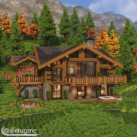 Minecraft Hilltop House, Minecraft Log Cabin Blueprint, Minecraft Lakeside Cabin, Minecraft Wood Mansion, Minecraft Log House, Beautiful Minecraft Houses, Minecraft Mountain House Interior, House In Minecraft Ideas, Spruce Cabin Minecraft