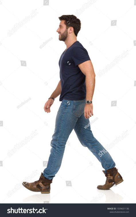 Man is walking in jeans and blue t-shirt, looking away and smiling. Side view. Full length studio shot isolated on white. #Ad , #AD, #shirt#smiling#Side#blue Walking From Side Reference, Walking Side Profile Reference, Male Pose Reference Walking, Side Walking Reference, Men Side View Reference, Walking Side Profile Drawing, Walking Profile Reference, Male Walking Pose Reference, Side View Full Body Drawing Reference