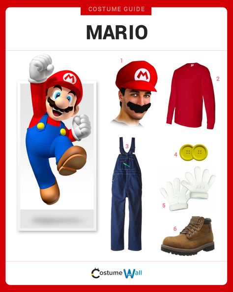 Dress Like Mario from the popular video game, Super Mario Bros. See additional costumes and cosplays of Mario and his Brother, Luigi. Mario Costume Diy, Mario Outfit, Super Mario Bros Costumes, Luigi Halloween Costume, Mario Bros Costume, Mario Dress, Mario Halloween Costumes, Super Mario Costumes, Luigi Costume