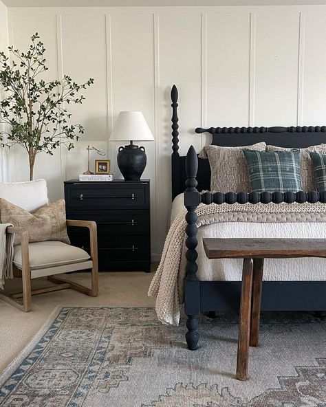 Black Wood King Bed, Black Rustic Bedroom Furniture, Hemming Bed Anthropologie, Modern French Farmhouse Bedroom, Open Layout Small House, Upulstored Headboard, Black Spindle Bed Master Bedrooms, Neutral Guest Room Ideas, Black Bed Master Bedrooms Decor