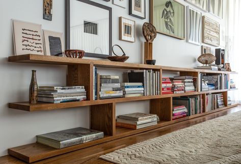 Kallax With Shelves Above, Home Art Collection, Low Built In Shelves Living Room, Big Wall Shelf Ideas, Low Bookshelves Living Room, Bookshelves Low, Low Bookcases In Living Room, Loft Bookshelf, Mid Century Bookshelves