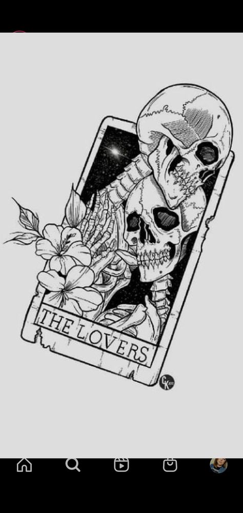 Skull Lovers Tattoos, Cat Skull Tattoo Design, Tarot Card Sketch, Skeleton Lovers Tattoo, The Lovers Tattoo Design, The Lovers Tarot Card Tattoo, The Lovers Tattoo, Skeleton Couple Tattoo, Skull Couple Tattoo