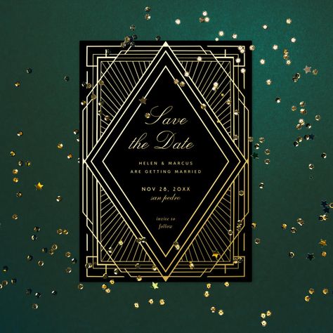 Art Deco Save the Date Foil Invitation Save The Date Art, Black Save The Date, Save The Date Black, Gold Save The Dates, Wedding Announcement Cards, Gold Foil Invitation, Save The Date Template, Foil Wedding Invitations, Foil Invitations