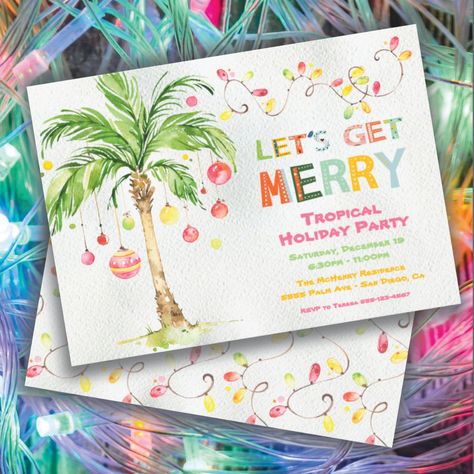 Beach Christmas Party, Palm Tree Christmas, Watercolor Palm Tree, Florida Holiday, Island Party, Cute Christmas Cards, Fun Fonts, Party 2023, Hawaiian Christmas