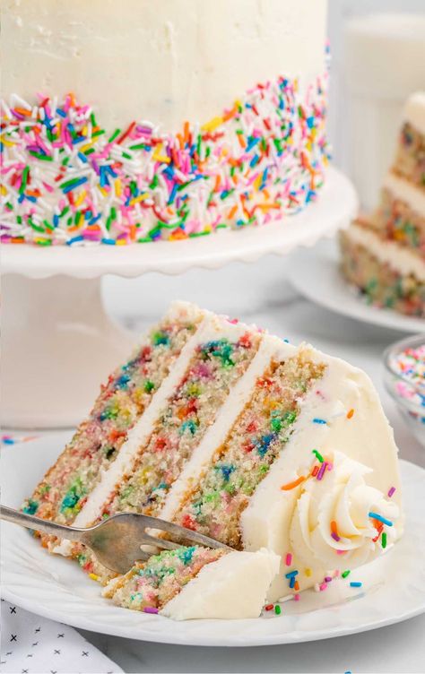 a slice of Funfetti Cake on a plate Homemade Funfetti Cake, Homemade Whipped Cream Recipe, Homemade Hot Fudge, Food Reference, Magnolia Bakery, Recipes With Whipping Cream, Sprinkle Cupcakes, Smooth Cake, Confetti Cake