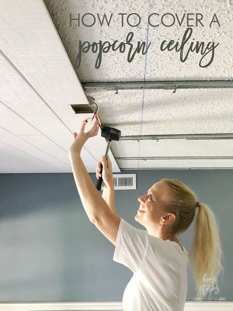 How to Cover a Popcorn Ceiling Using Beautiful Armstrong WoodHaven Planks Cover A Popcorn Ceiling, Cover Popcorn Ceiling, Ceiling Makeover, Covering Popcorn Ceiling, Ceiling Wood, Ceiling Covering, Small Nursery Ideas, Shiplap Ceiling, Furniture Build