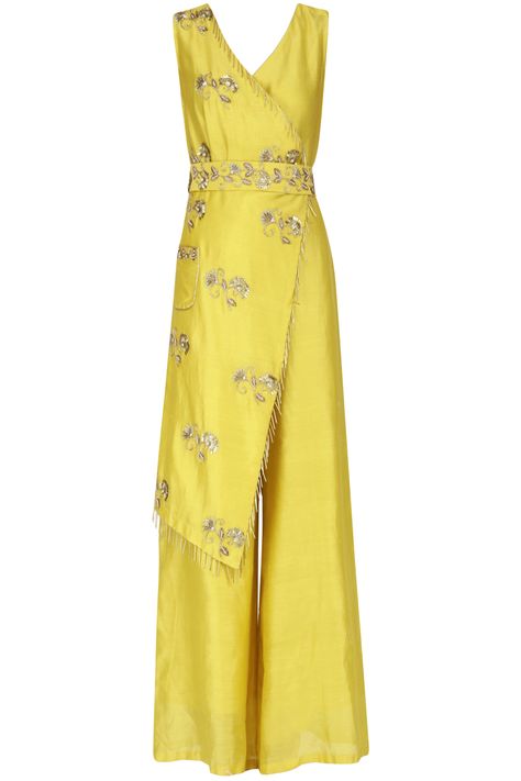 Yellow embroidered overlapping jumpsuit available only at Pernia's Pop Up Shop. Indian Jumpsuit, Haldi Outfits, Gown Party Wear, Nehru Jacket, Traditional Indian Outfits, Indian Gowns Dresses, Haldi Ceremony, Party Wear Indian Dresses, Fancy Dress Design