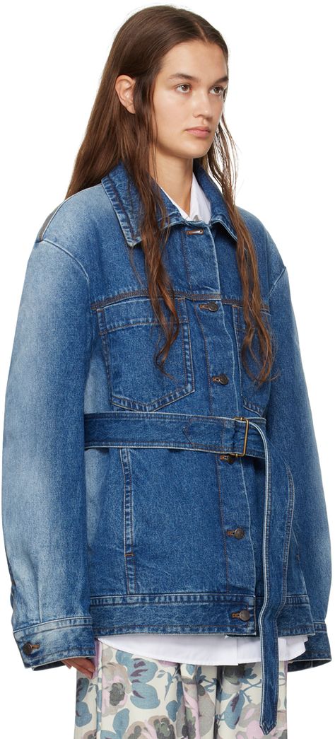 Non-stretch denim jacket. Fading throughout. · Spread collar · Button closure · Patch pockets and seam pockets · Detachable self-tie belt · Single-button barrel cuffs · Adjustable button tabs at back hem · Full quilted viscose faille lining · Contrast stitching in tan Supplier color: Indigo Faux Fur Handbag, Fur Handbags, Denim Pocket, Belted Jacket, Shearling Coat, Dries Van Noten, Contrast Stitch, Stretch Denim, Denim Jacket