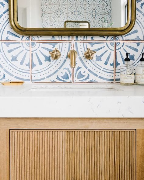 Here’s to the weekend... and blue, white, brass and wood forever. 😍 📷: @travisj_lifestyle 🏠: @strategicbuilders #kaysvillenewbuild House Of Jade Interiors, Modern Farmhouse Bedroom, Gorgeous Tile, Modern Farmhouse Design, New Build, Handmade Tiles, Guest Bathroom, Farmhouse Design, Tile Backsplash