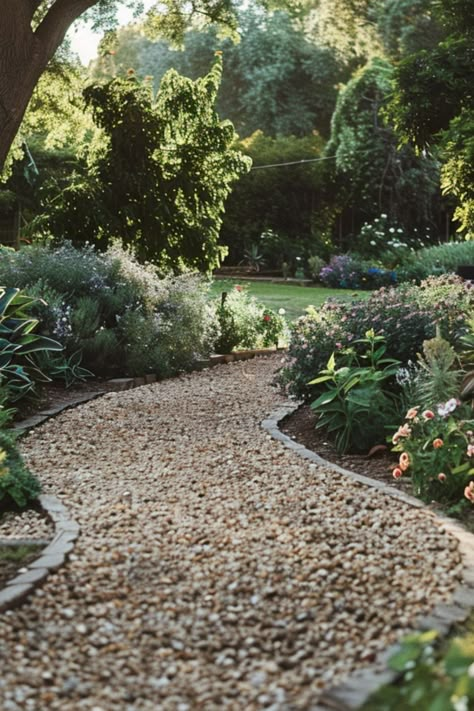 Pea Gravel Patio Border Ideas, Gravel And Decking Garden Ideas, Landscape With Gravel Backyard Ideas, Stone And Pebble Walkway, Garden Path Landscaping, Pebble Backyard Landscaping, Gravel Walkways Paths To Front Door, Grass And Gravel Backyard, Gravel Area In Backyard