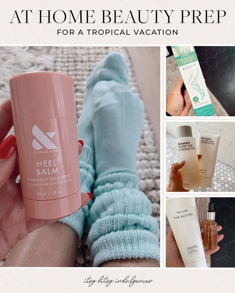 My At Home Beauty Prep For A Tropical Vacation - Itsy Bitsy Indulgences | #athomebeautyprep #vacationprep Vacation Prep Beauty, Pre Vacation Beauty Prep, Vacation Beauty Prep, Evening Skin Care Routine, Vacation Prep, Heel Balm, Perfect Blowout, Vacation Hairstyles, Olive And June