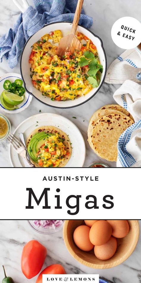 Austin-Style Migas Recipe - Love and Lemons Migas Recipe, Living In Austin Texas, Tomato Snacks, Scramble Eggs, Red Sauce Recipe, Favorite Breakfast Recipes, Austin Style, Fresh Tomato Salsa, Melty Cheese